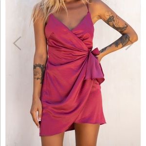 Selfie Leslie Medellin Fuchsia Pink Satin Mini Wrap Dress